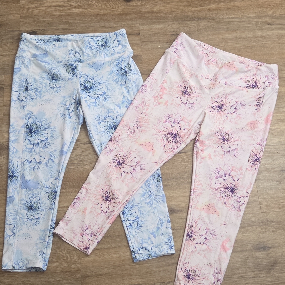 Woman's Jockey Floral Workout Leggings Lot Of 2 Pink Blue High Waist Yoga Pant